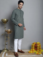 Jompers Men's Chikankari Embroidered and Sequence Kurta Only - Sea-Green