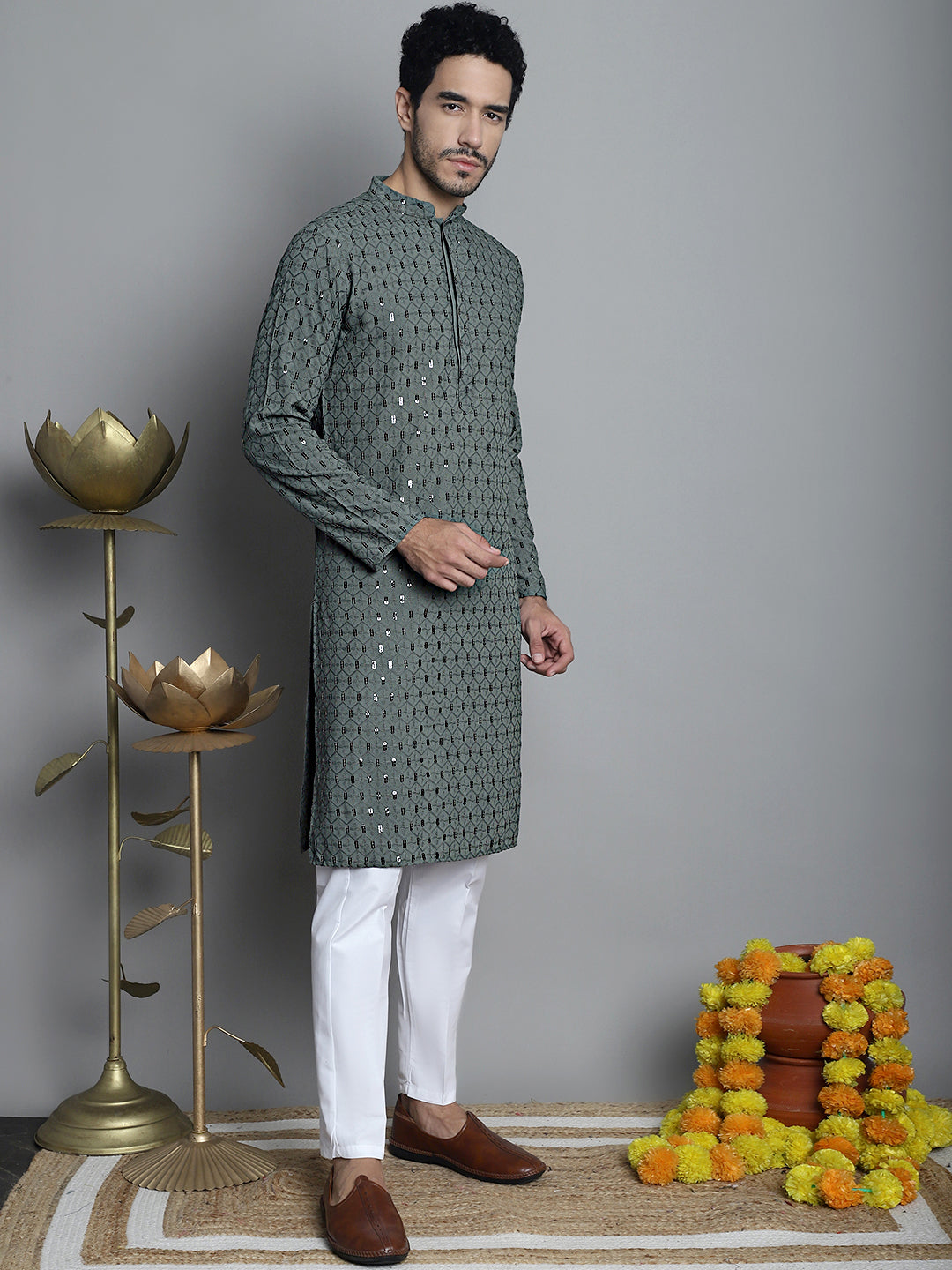 Jompers Men's Chikankari Embroidered and Sequence Kurta Only - Sea-Green