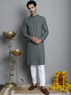 Jompers Men's Chikankari Embroidered and Sequence Kurta Only - Sea-Green