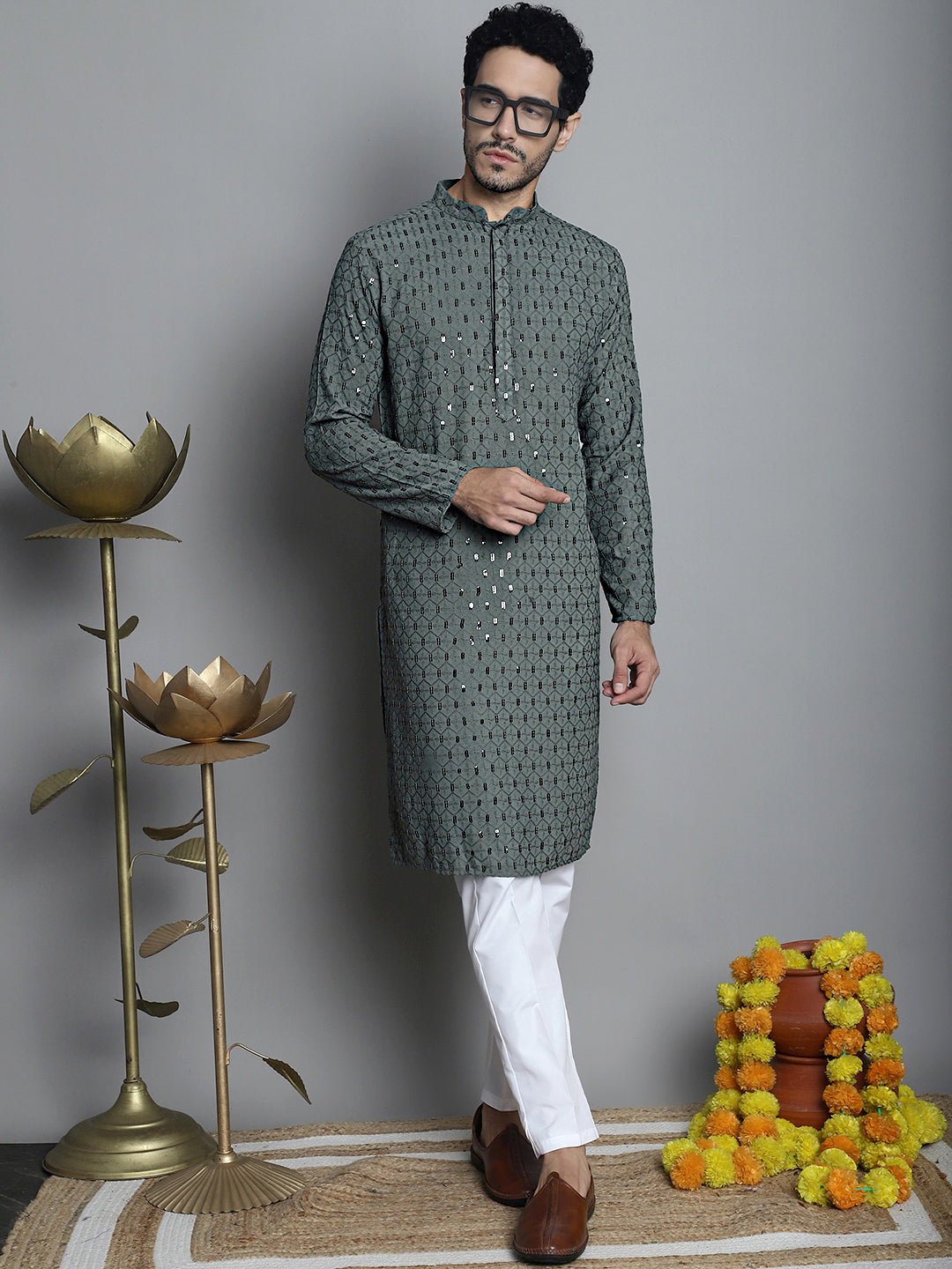 Jompers Men's Chikankari Embroidered and Sequence Kurta Only - Sea-Green