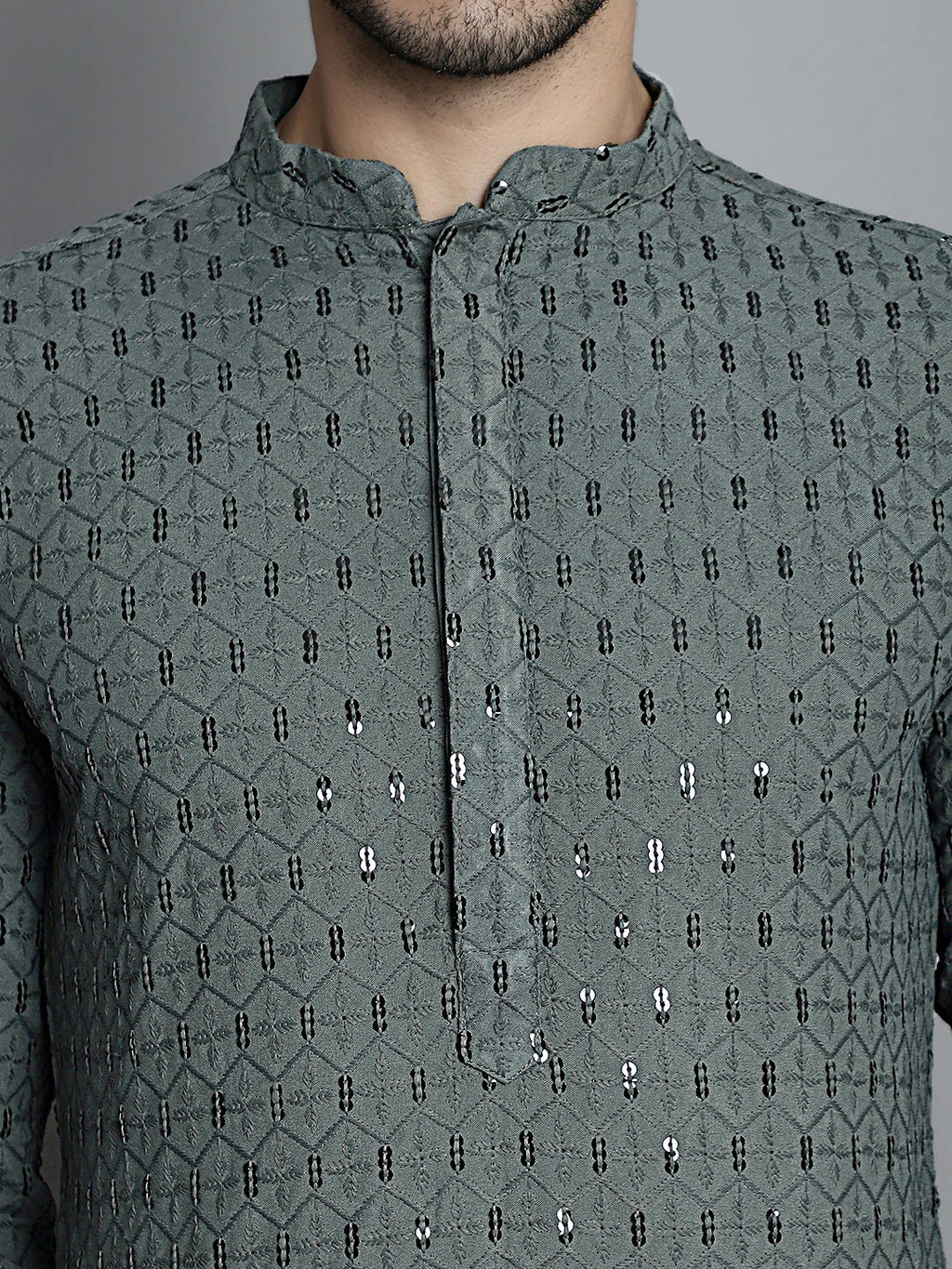 Jompers Men's Chikankari Embroidered and Sequence Kurta Only - Sea-Green