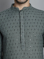 Jompers Men's Chikankari Embroidered and Sequence Kurta Only - Sea-Green