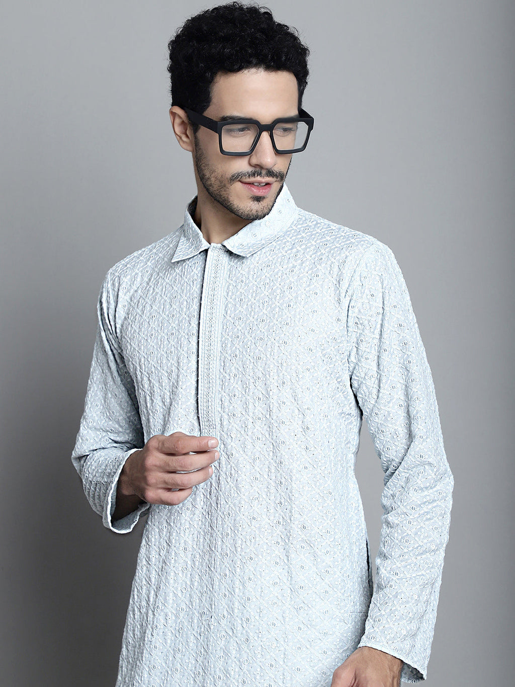 Jompers Men's Chikankari Embroidered and Sequence Kurta Only - Light-Grey