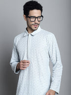 Jompers Men's Chikankari Embroidered and Sequence Kurta Only - Light-Grey