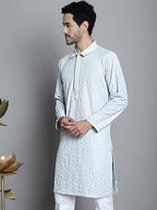Jompers Men's Chikankari Embroidered and Sequence Kurta Only - Light-Grey