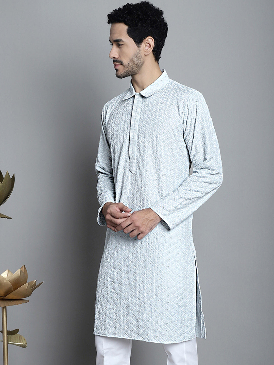 Jompers Men's Chikankari Embroidered and Sequence Kurta Only - Light-Grey