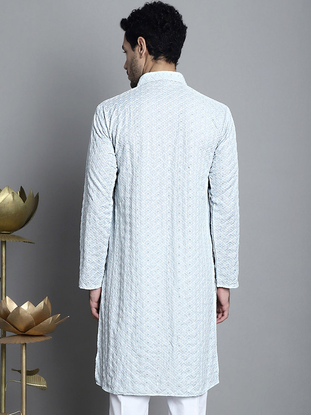 Jompers Men's Chikankari Embroidered and Sequence Kurta Only - Light-Grey