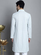 Jompers Men's Chikankari Embroidered and Sequence Kurta Only - Light-Grey