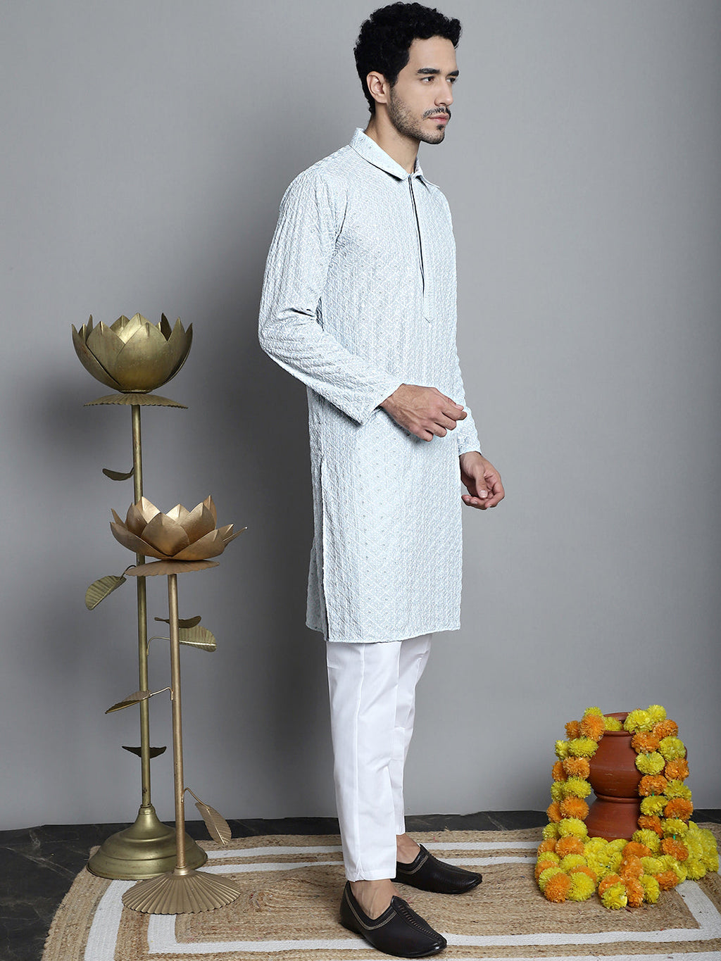Jompers Men's Chikankari Embroidered and Sequence Kurta Only - Light-Grey