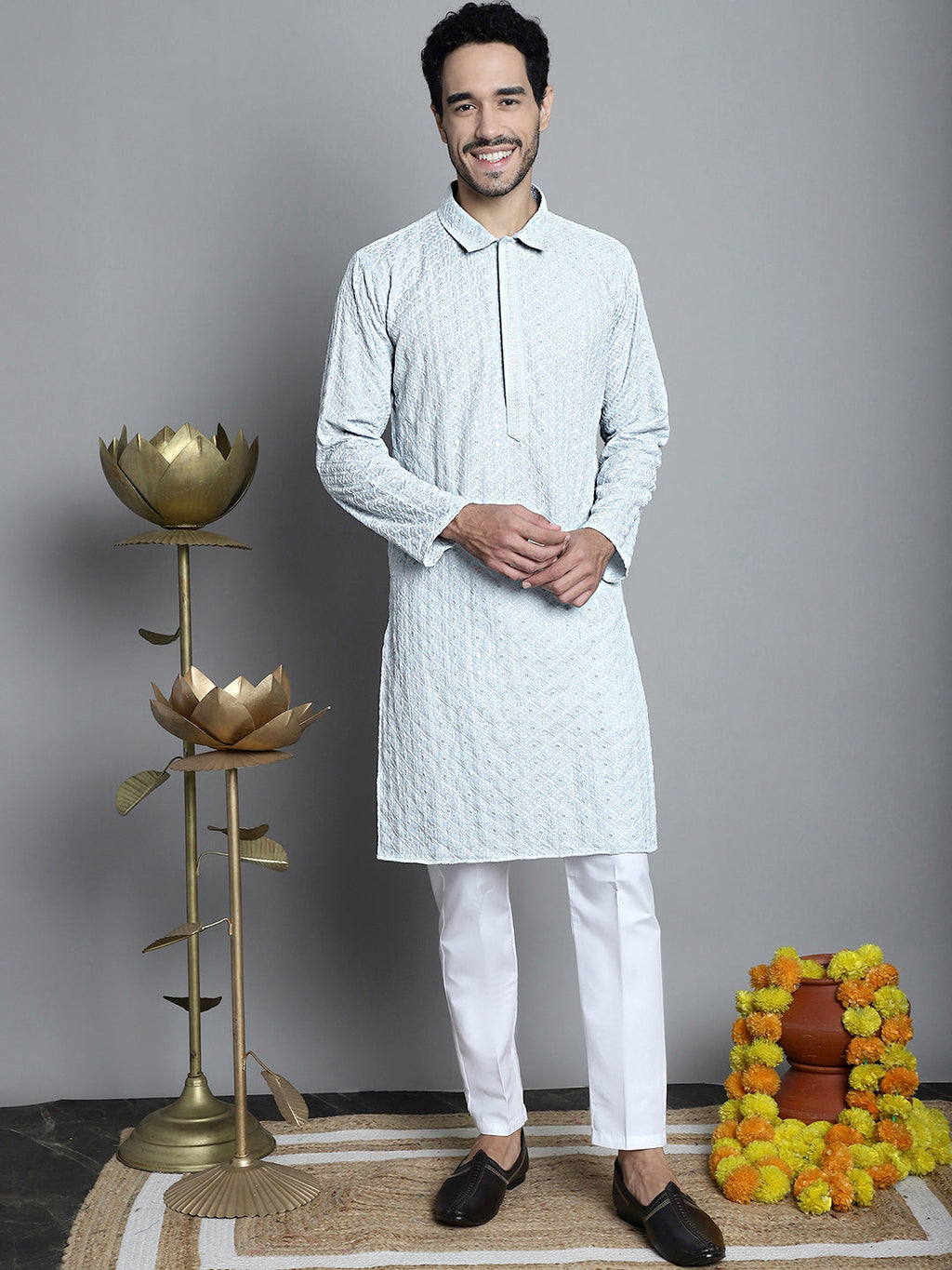 Jompers Men's Chikankari Embroidered and Sequence Kurta Only - Light-Grey