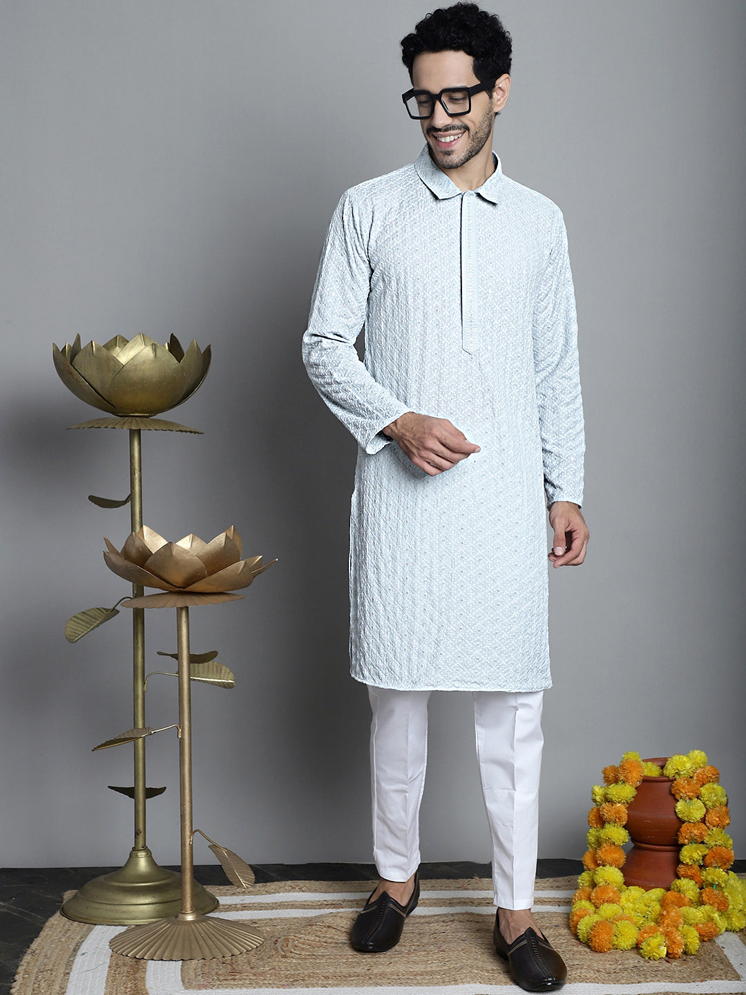 Jompers Men's Chikankari Embroidered and Sequence Kurta Only - Light-Grey