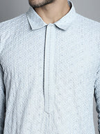 Jompers Men's Chikankari Embroidered and Sequence Kurta Only - Light-Grey