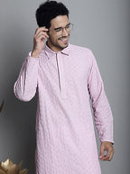 Jompers Men's Chikankari Embroidered and Sequence Kurta Only - Magenta
