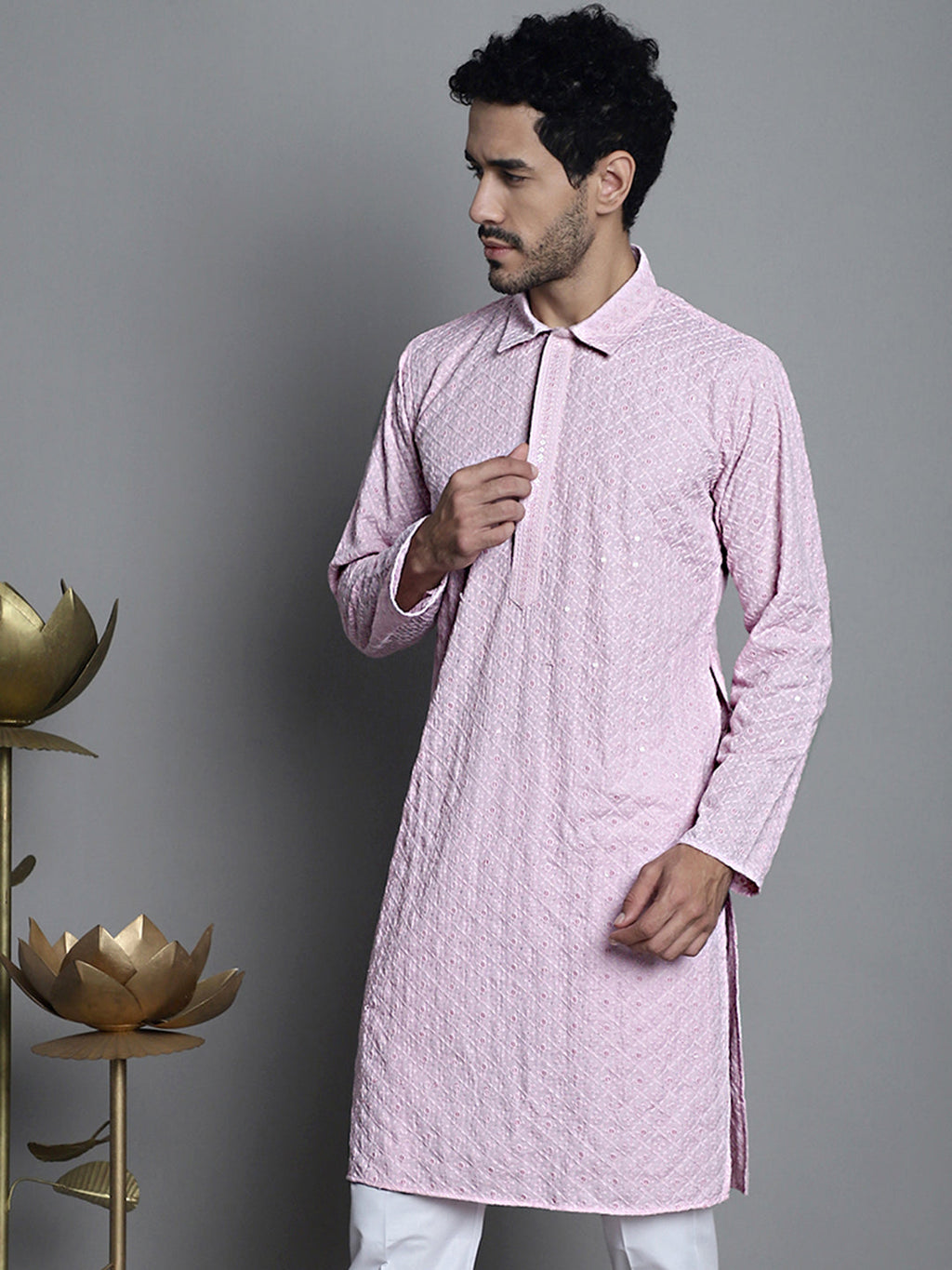 Jompers Men's Chikankari Embroidered and Sequence Kurta Only - Magenta