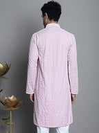 Jompers Men's Chikankari Embroidered and Sequence Kurta Only - Magenta