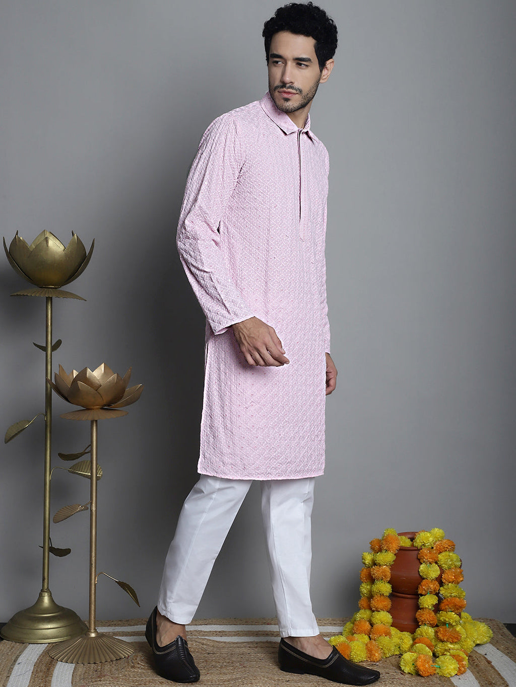 Jompers Men's Chikankari Embroidered and Sequence Kurta Only - Magenta
