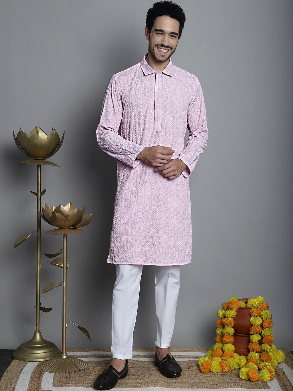 Jompers Men's Chikankari Embroidered and Sequence Kurta Only - Magenta
