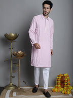 Jompers Men's Chikankari Embroidered and Sequence Kurta Only - Magenta