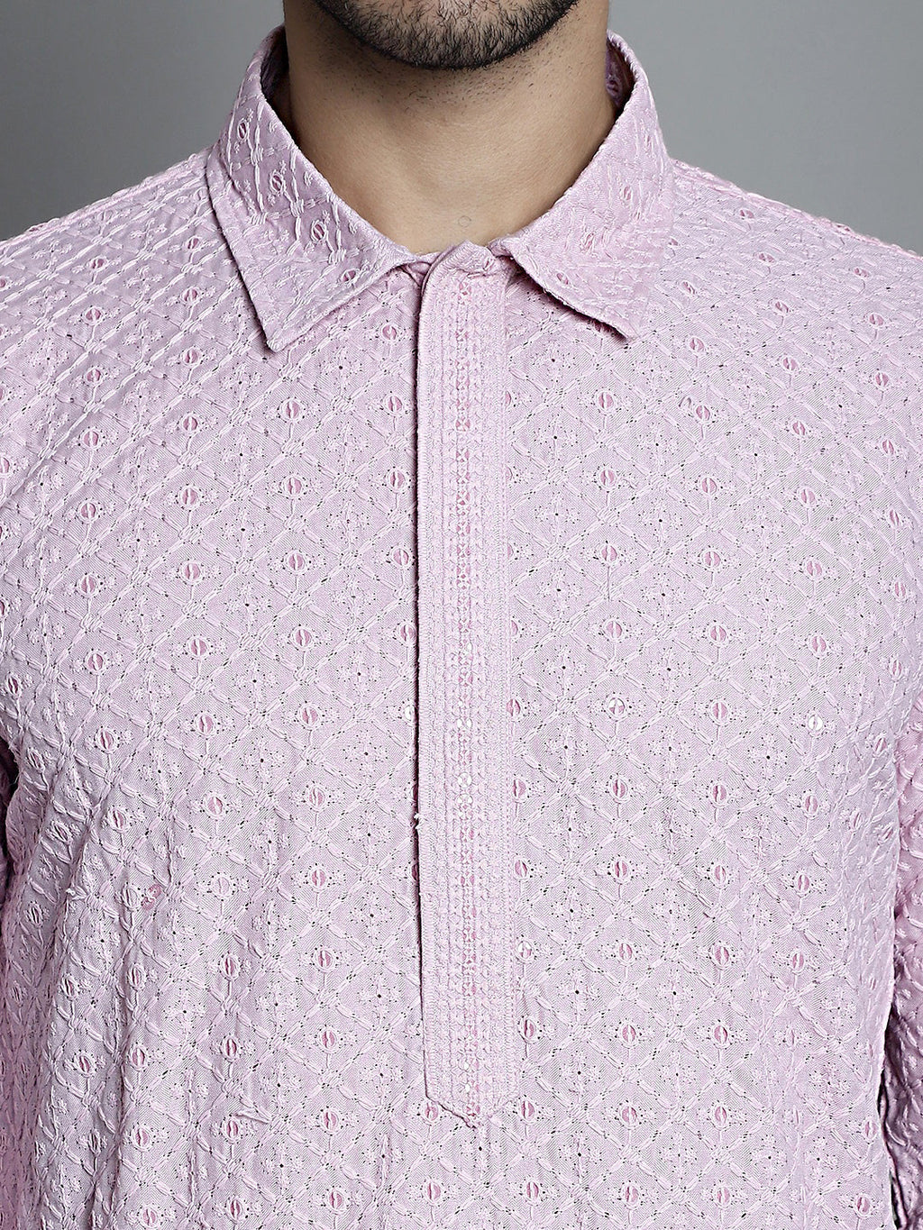 Jompers Men's Chikankari Embroidered and Sequence Kurta Only - Magenta