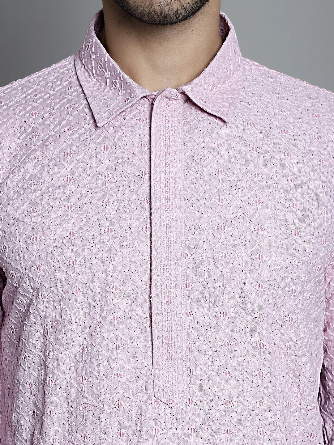 Jompers Men's Chikankari Embroidered and Sequence Kurta Only - Magenta