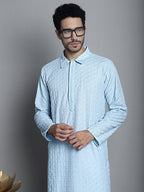 Jompers Men's Chikankari Embroidered and Sequence Kurta Only - Sky Blue