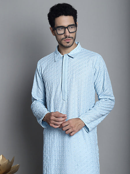 Jompers Men's Chikankari Embroidered and Sequence Kurta Only - Sky Blue