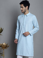 Jompers Men's Chikankari Embroidered and Sequence Kurta Only - Sky Blue