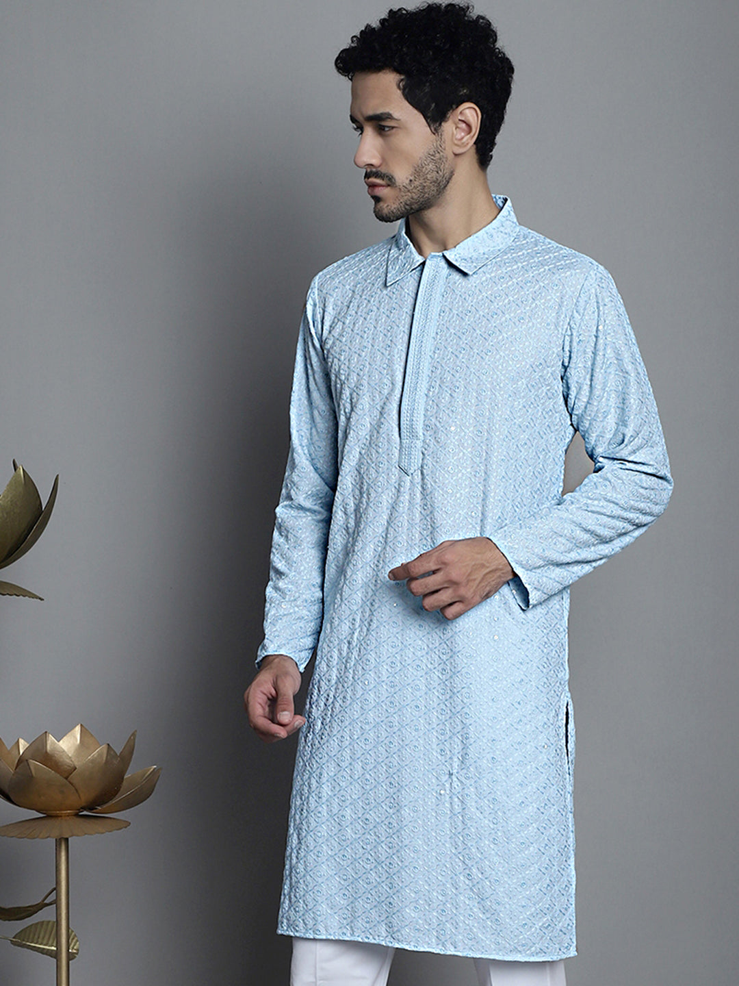 Jompers Men's Chikankari Embroidered and Sequence Kurta Only - Sky Blue