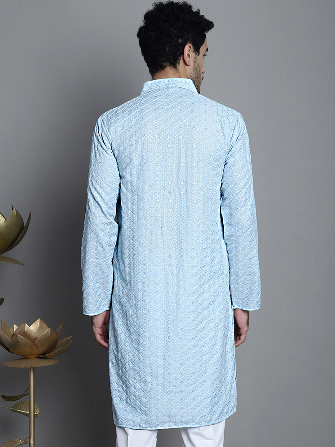 Jompers Men's Chikankari Embroidered and Sequence Kurta Only - Sky Blue