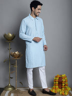 Jompers Men's Chikankari Embroidered and Sequence Kurta Only - Sky Blue