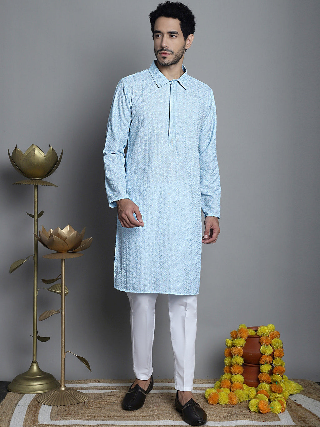 Jompers Men's Chikankari Embroidered and Sequence Kurta Only - Sky Blue