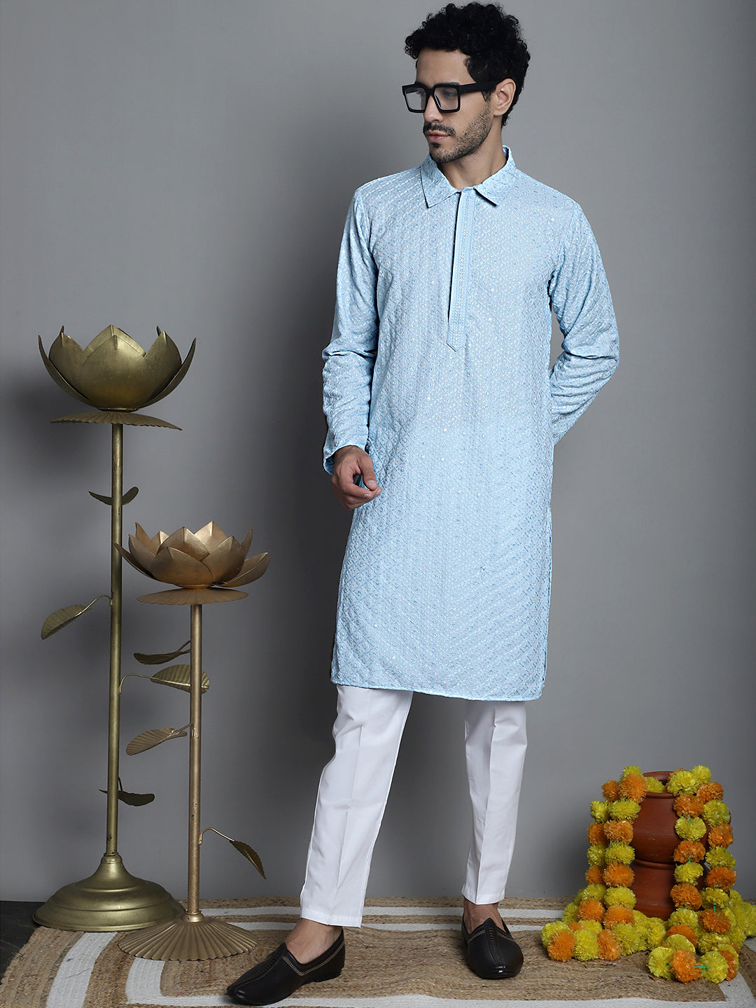 Jompers Men's Chikankari Embroidered and Sequence Kurta Only - Sky Blue