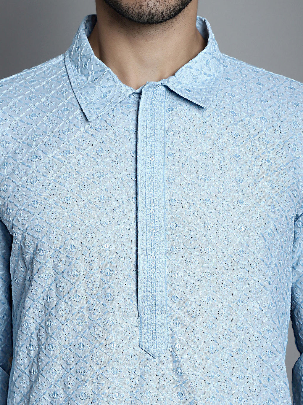 Jompers Men's Chikankari Embroidered and Sequence Kurta Only - Sky Blue