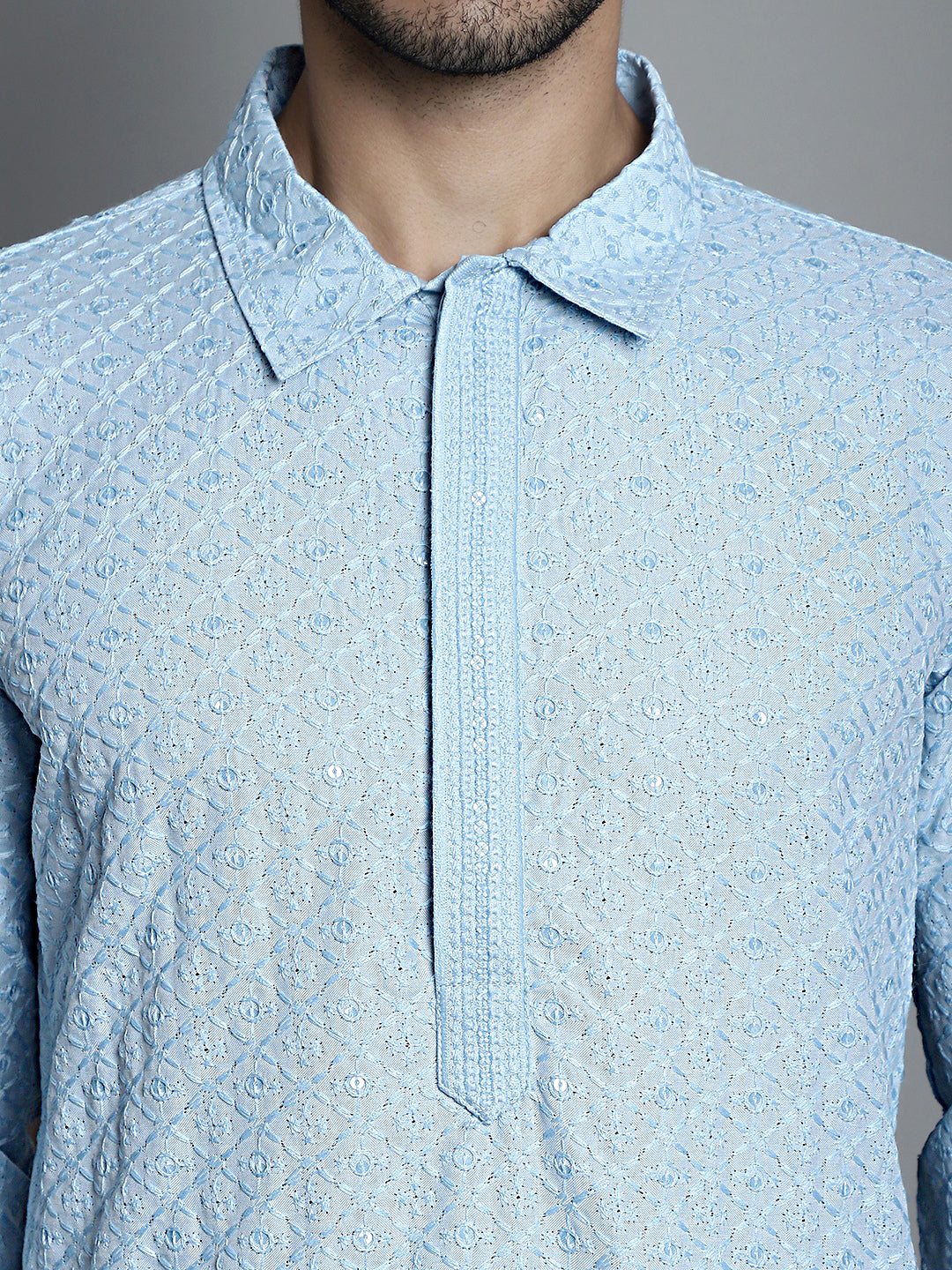 Jompers Men's Chikankari Embroidered and Sequence Kurta Only - Sky Blue