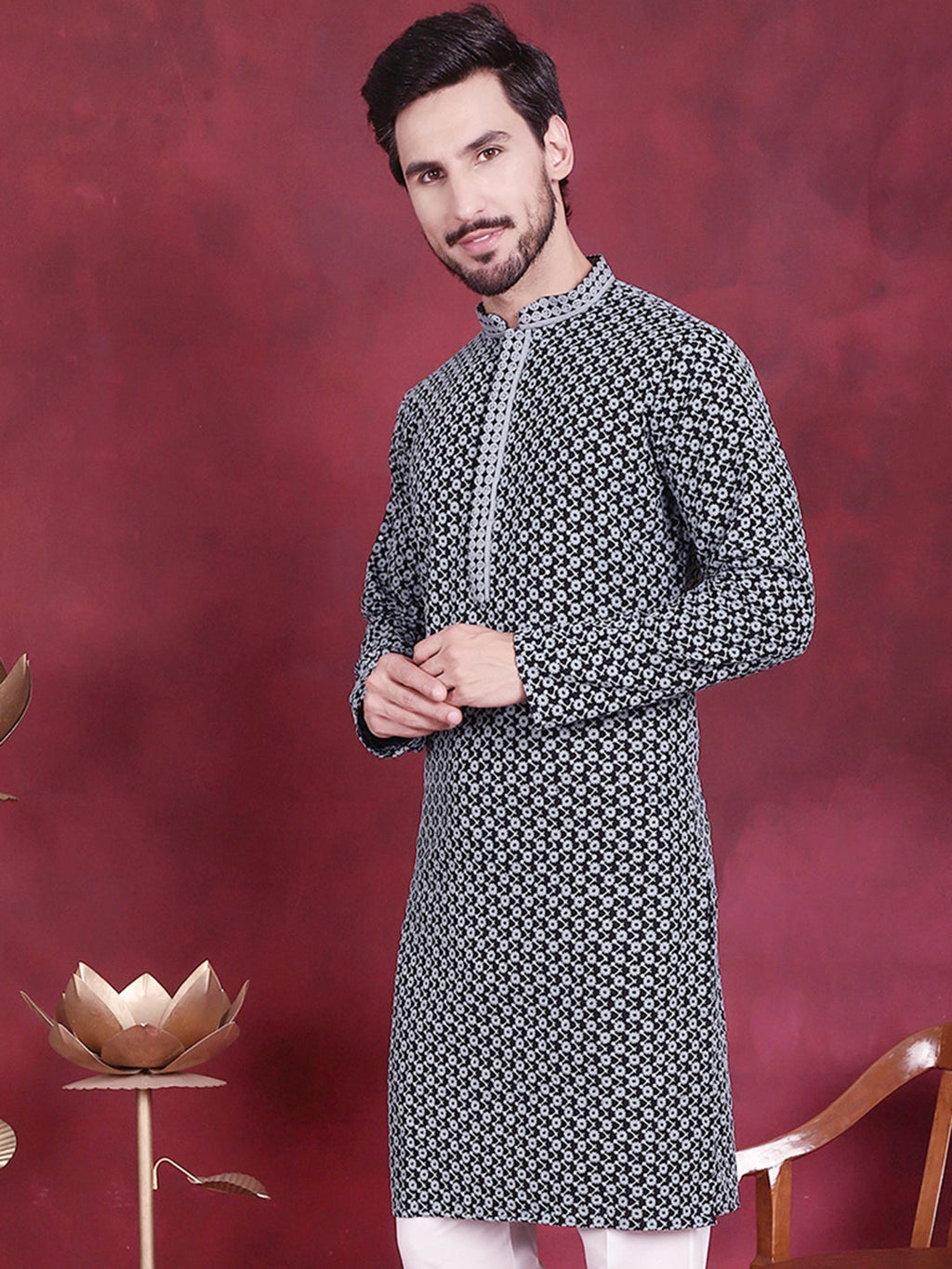 Jompers Men's Sequins Embroidered Kurta - Grey