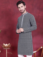 Jompers Men's Sequins Embroidered Kurta - Grey