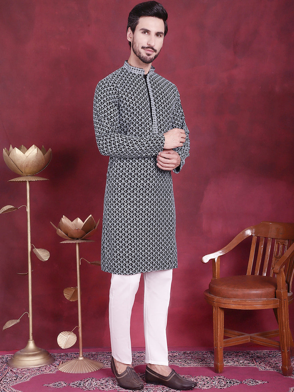 Jompers Men's Sequins Embroidered Kurta - Grey