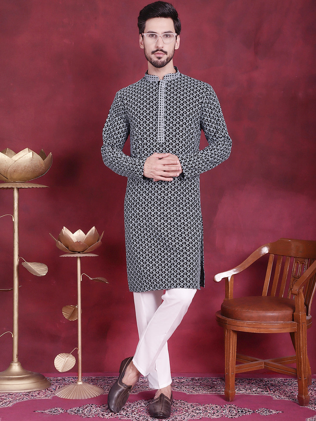 Jompers Men's Sequins Embroidered Kurta - Grey