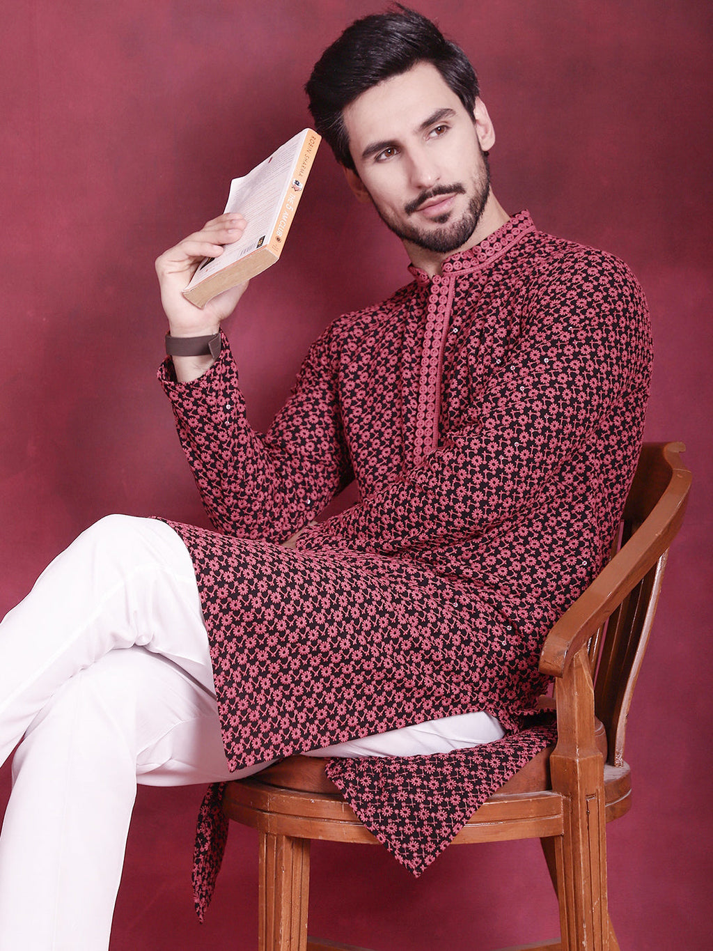 Jompers Men's Sequins Embroidered Kurta - Magenta