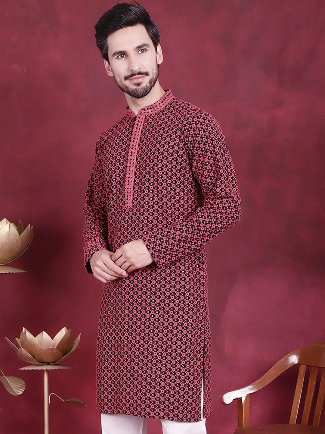 Jompers Men's Sequins Embroidered Kurta - Magenta