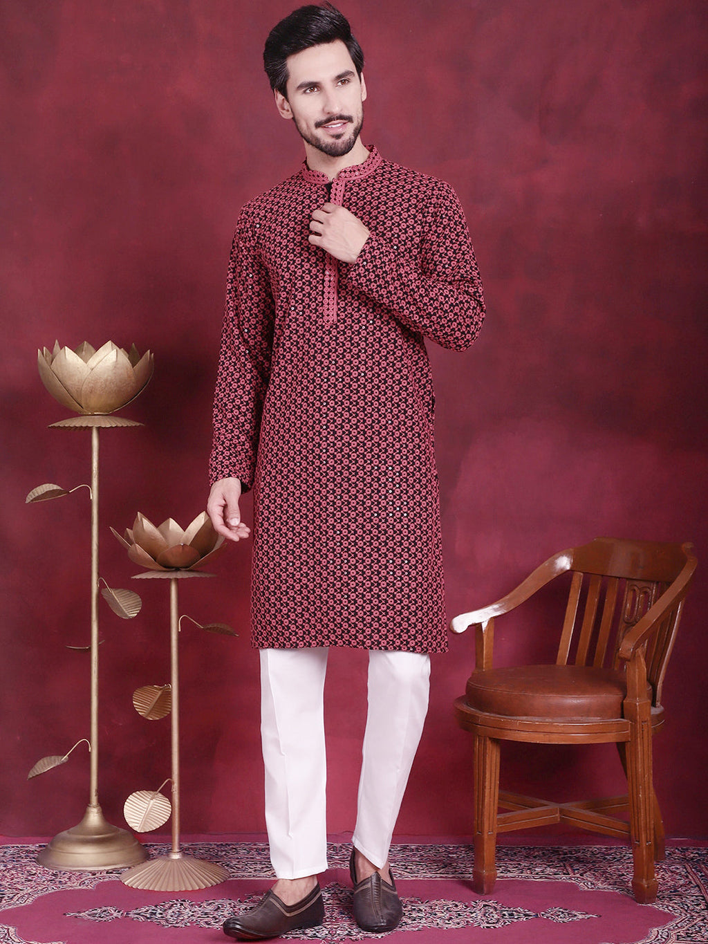 Jompers Men's Sequins Embroidered Kurta - Magenta