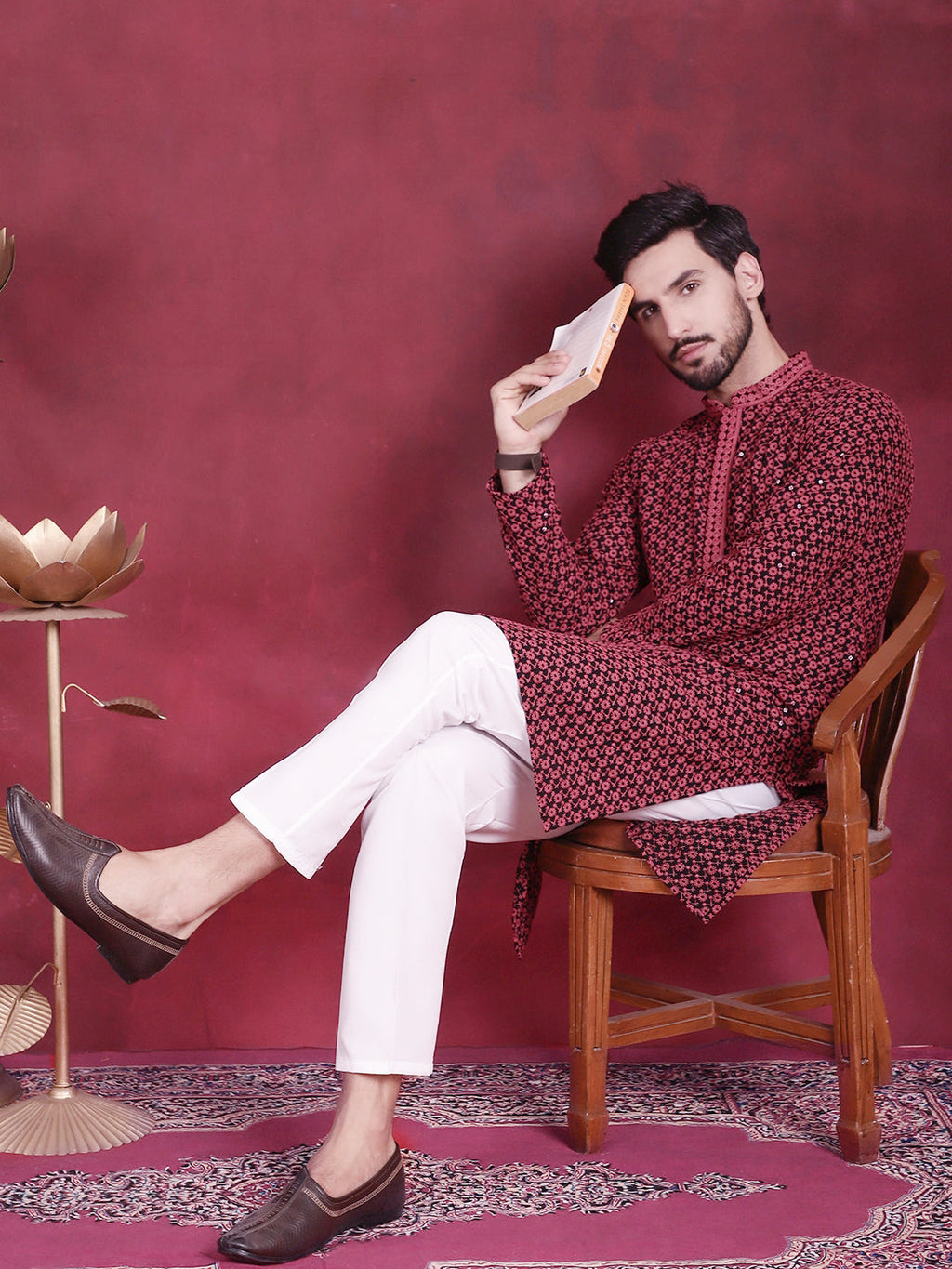 Jompers Men's Sequins Embroidered Kurta - Magenta