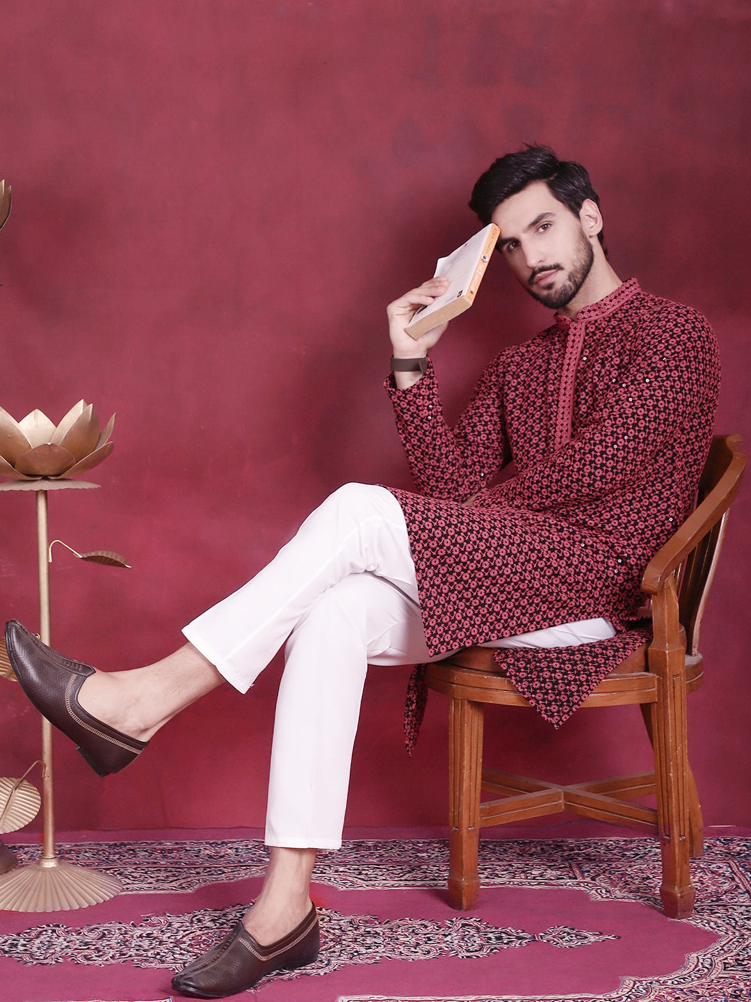 Jompers Men's Sequins Embroidered Kurta - Magenta