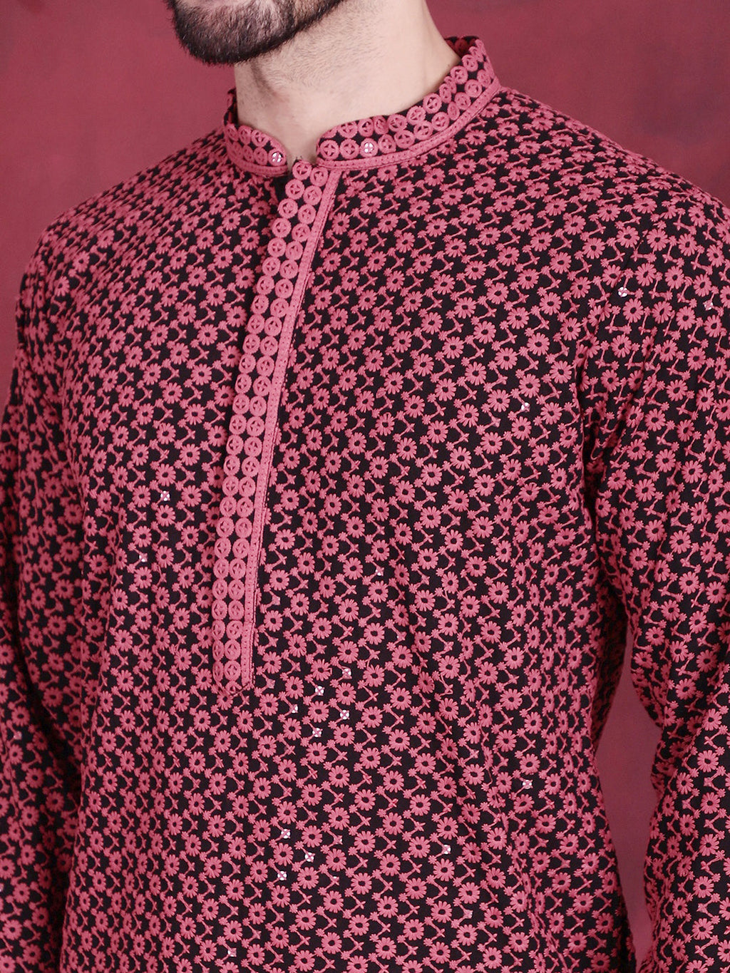 Jompers Men's Sequins Embroidered Kurta - Magenta