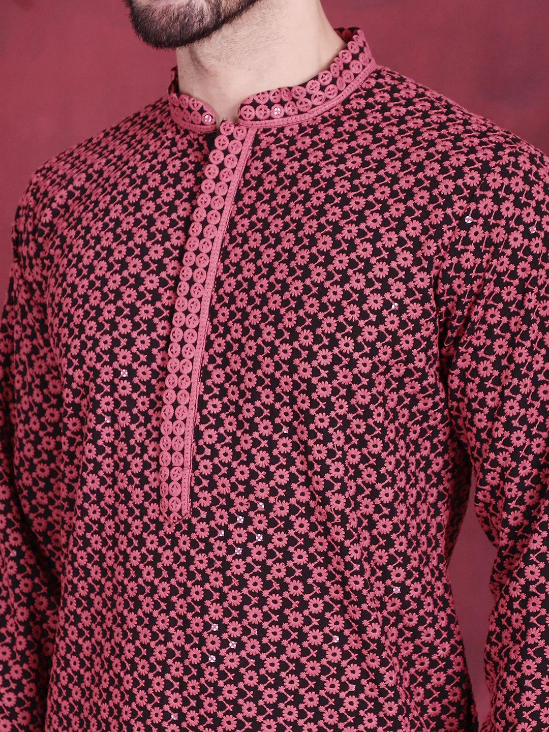 Jompers Men's Sequins Embroidered Kurta - Magenta