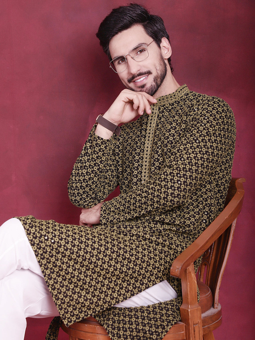 Jompers Men's Sequins Embroidered Kurta - Mehndi