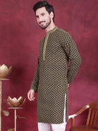 Jompers Men's Sequins Embroidered Kurta - Mehndi