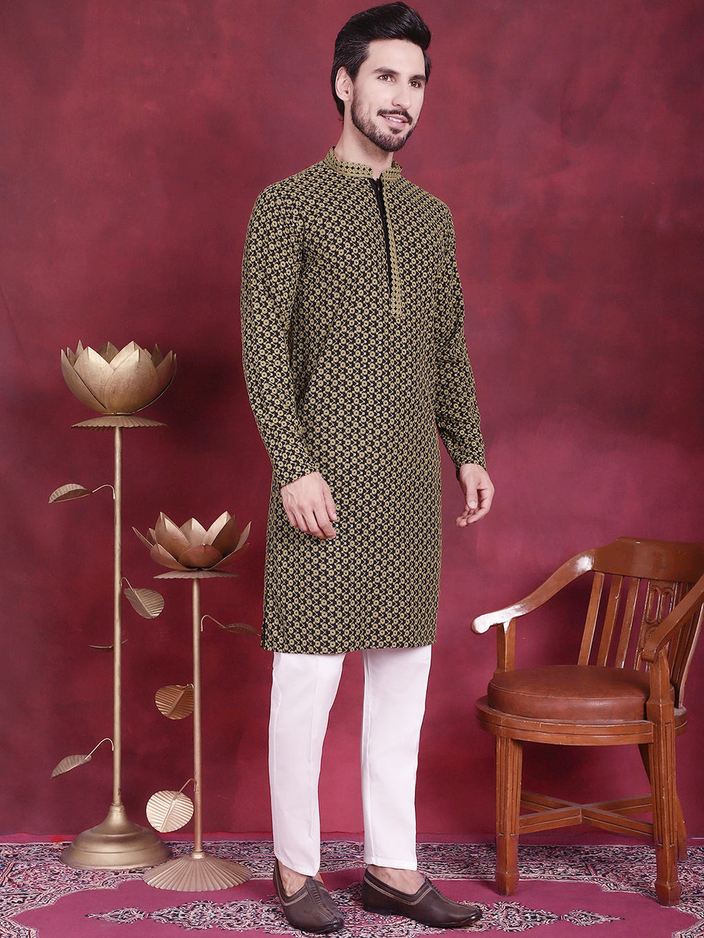 Jompers Men's Sequins Embroidered Kurta - Mehndi