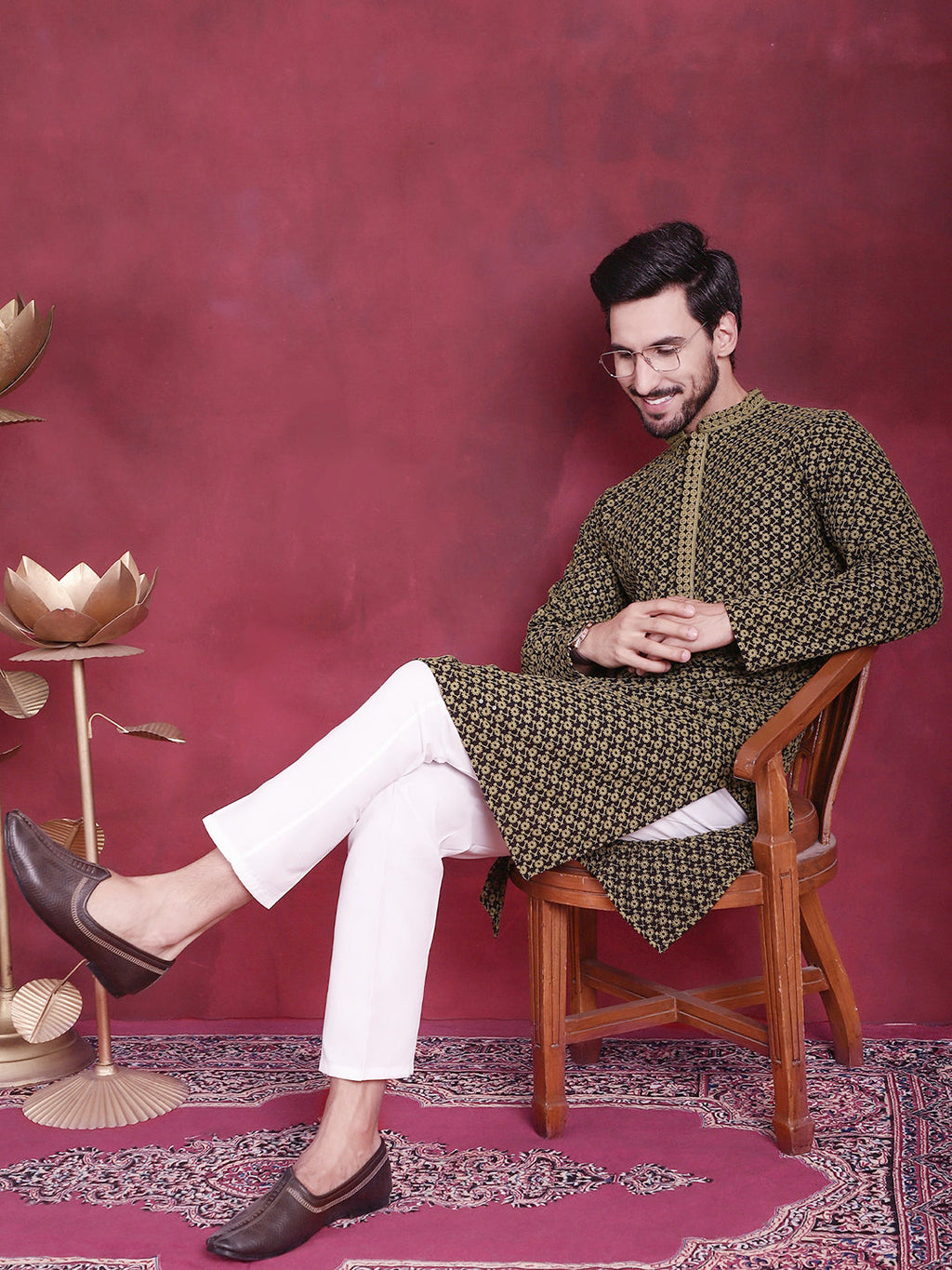 Jompers Men's Sequins Embroidered Kurta - Mehndi
