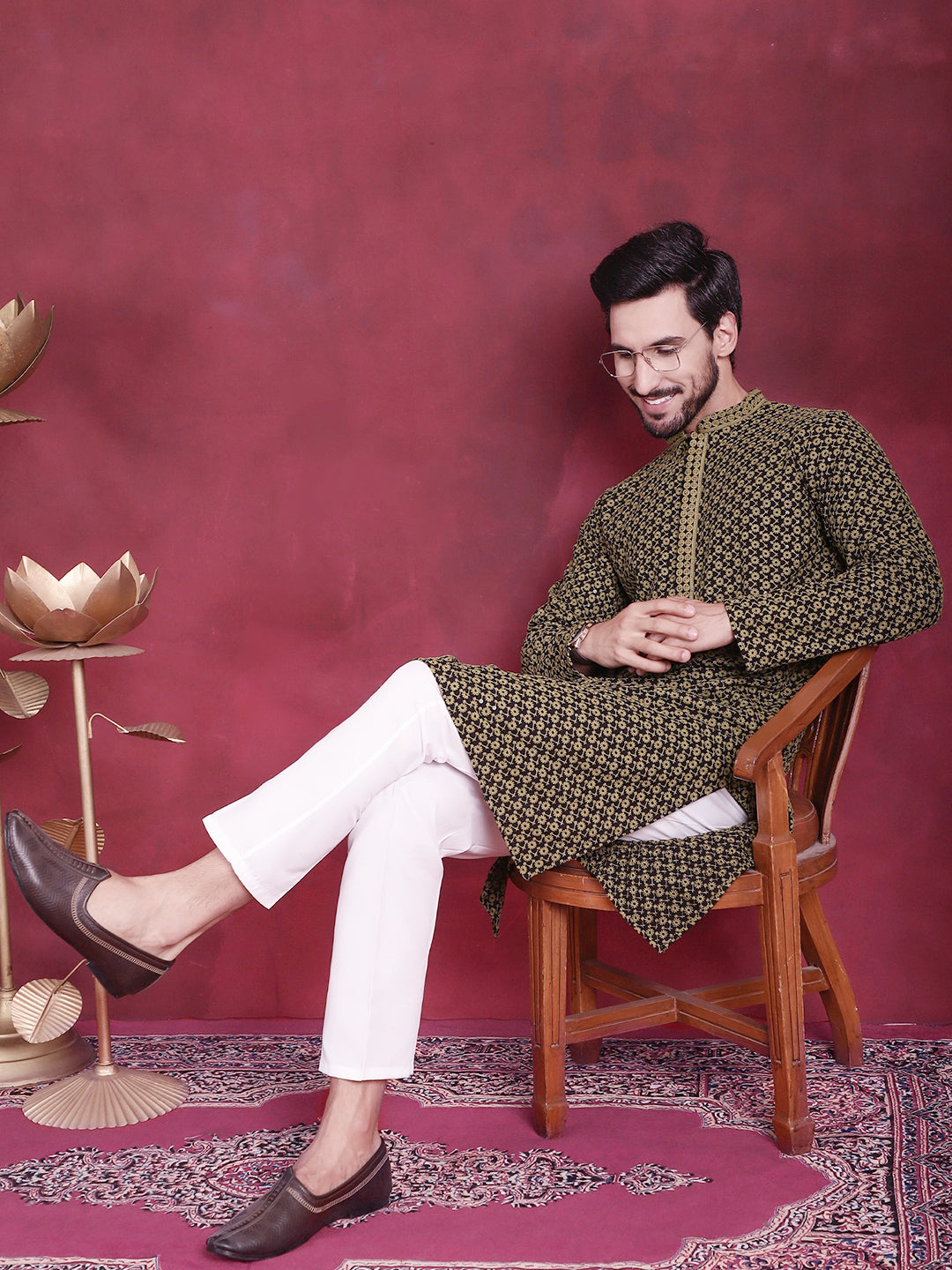 Jompers Men's Sequins Embroidered Kurta - Mehndi